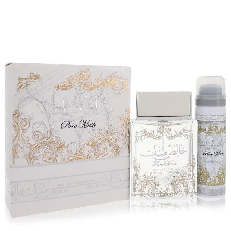 Luxurious Lattafa Pure Khalis Musk fragrance gift set with perfume, aerosol, and elegant box