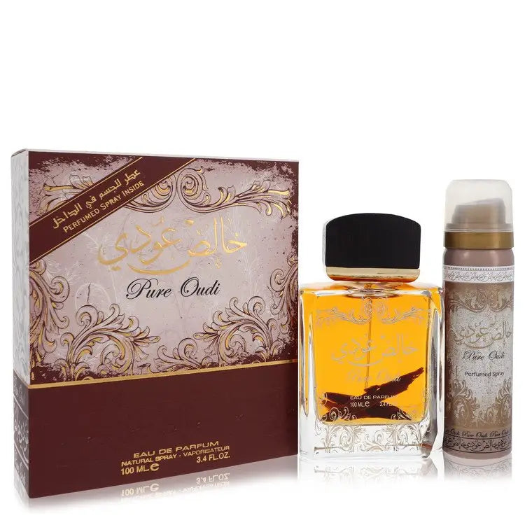 Fragrance gift set with pure oudi perfume bottle, spray, and decorative box featuring Lattafa Pure Oudi