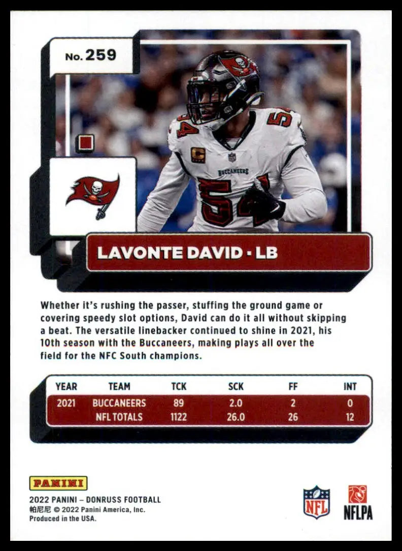 Lavonte David football card from 2022 Donruss Tampa Bay Buccaneers collection