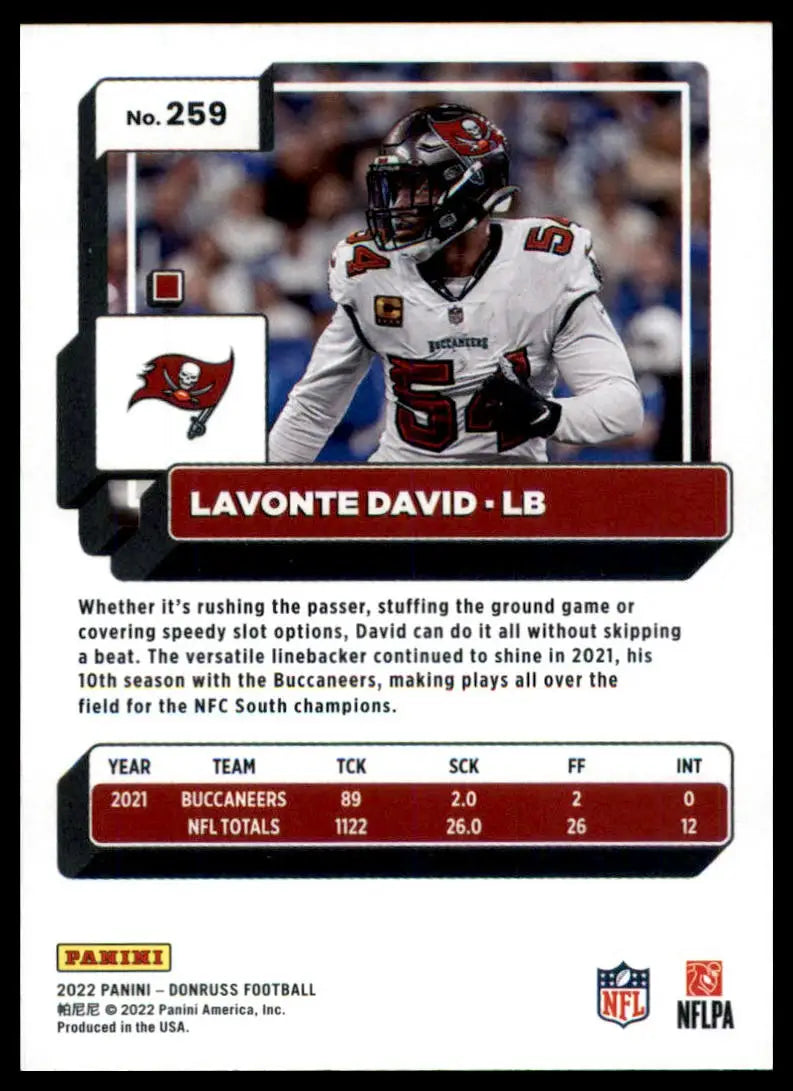 Lavonte David football card from 2022 Donruss series for Tampa Bay Buccaneers
