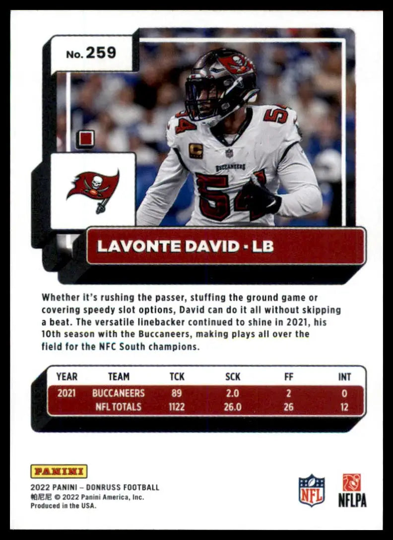 Lavonte David football card 2022 Donruss Tampa Bay Buccaneers product display