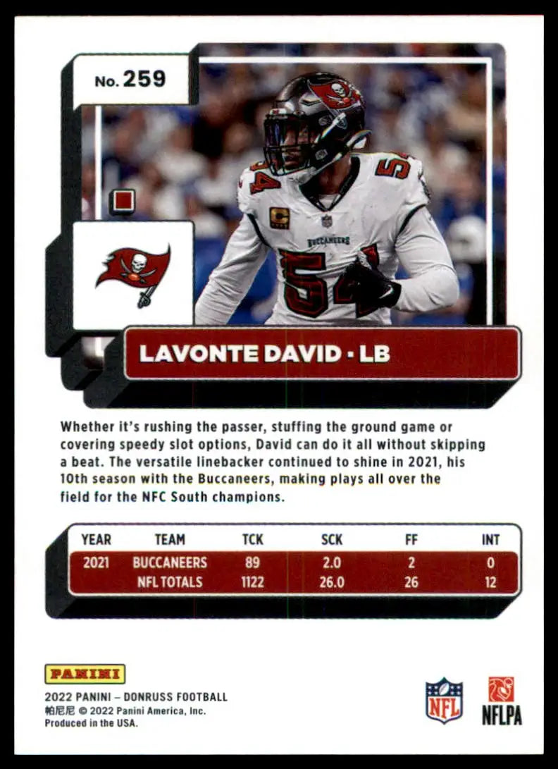 Lavonte David football card from 2022 Donruss Tampa Bay Buccaneers series