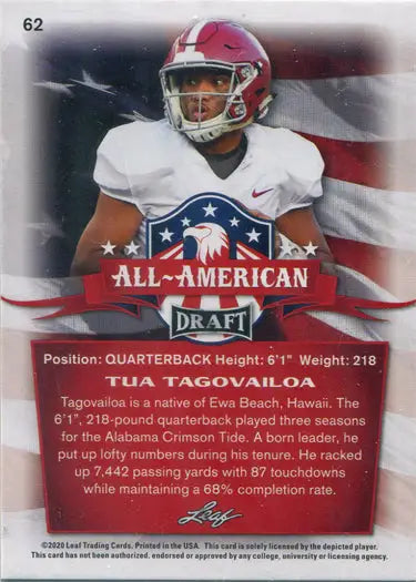Football player card of Tua Tagovailoa, a quarterback in a white jersey, against an American flag