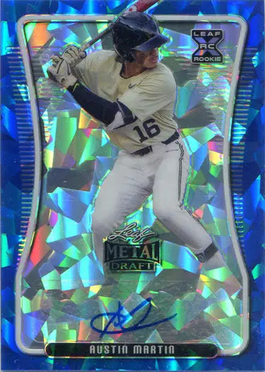 Holographic Blue Ice trading card of Austin Martin in white uniform number 16 at bat