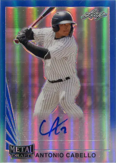 Baseball trading card of A. Cabello in pinstripes with blue rainbow holographic auto