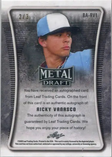 Baseball trading card of Ricky Vanasco in blue and white cap, Mojo Orange Auto