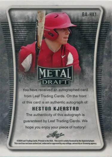 Baseball trading card of Heston Kjerstad in red helmet, a Leaf Metal Draft refractor autograph card