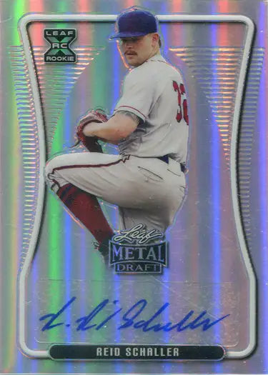 Baseball trading card of Reid Schaller in white uniform, a refractor autograph card