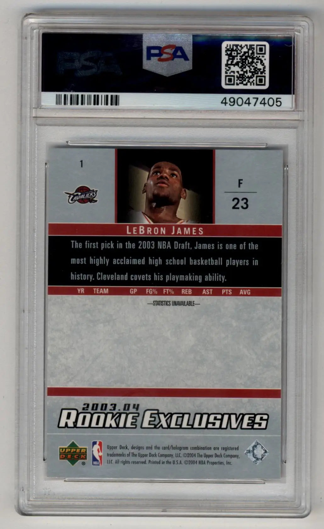 LeBron James 2003-04 Upper Deck Rookie Exclusives #1 PSA 10 in protective case with QR code