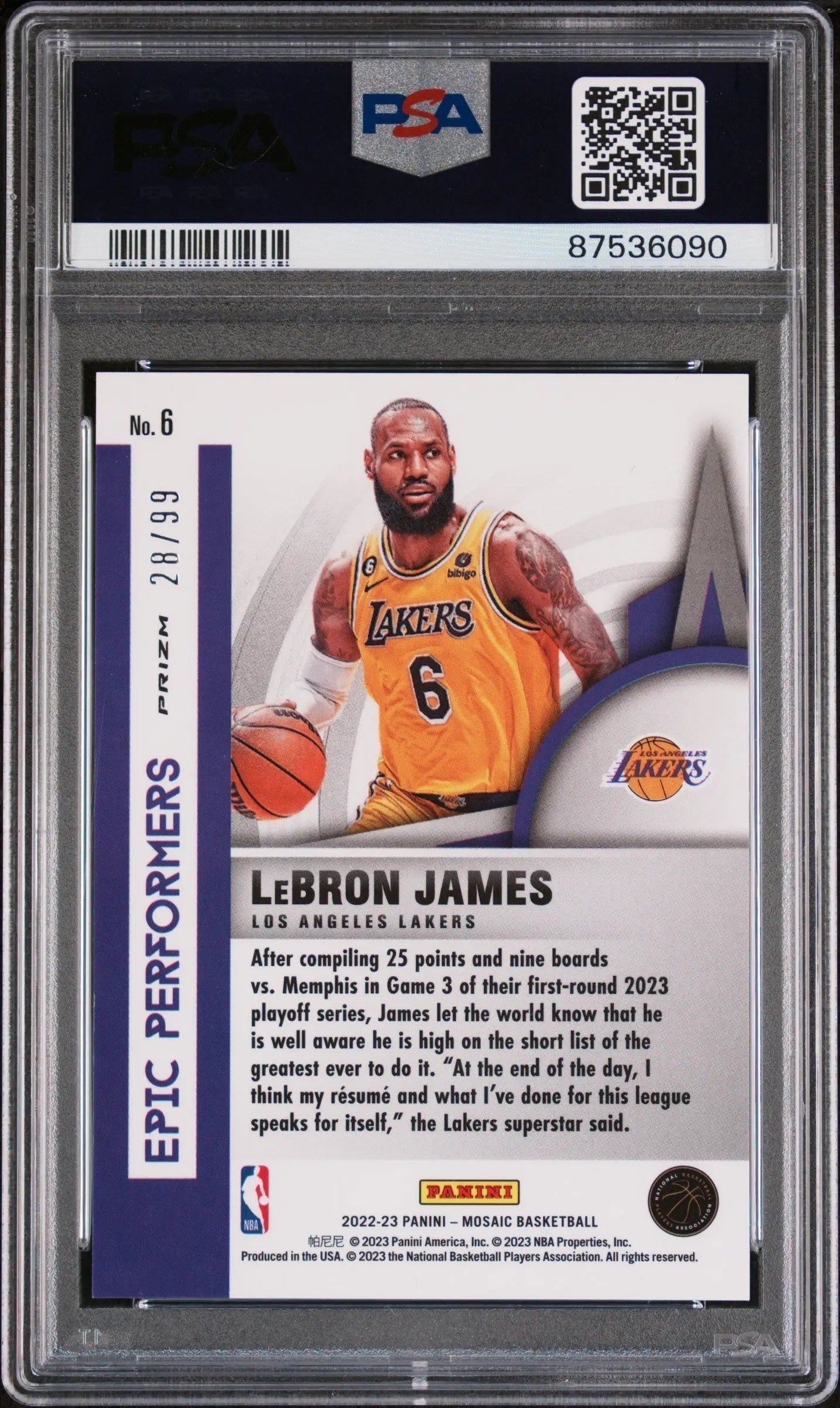Graded LeBron James basketball card from Panini Mosaic Epic Performers Reactive Blue #/99 at Columbia Hobby