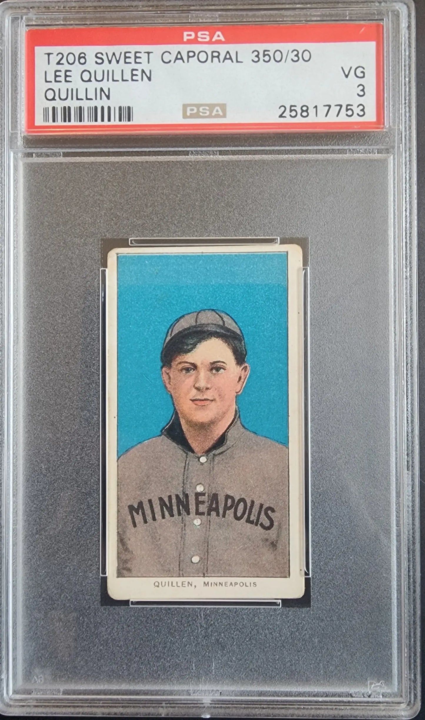 PSA-graded T206 Sweet Caporal card of Lee Quillen Quillin in gray uniform on blue background