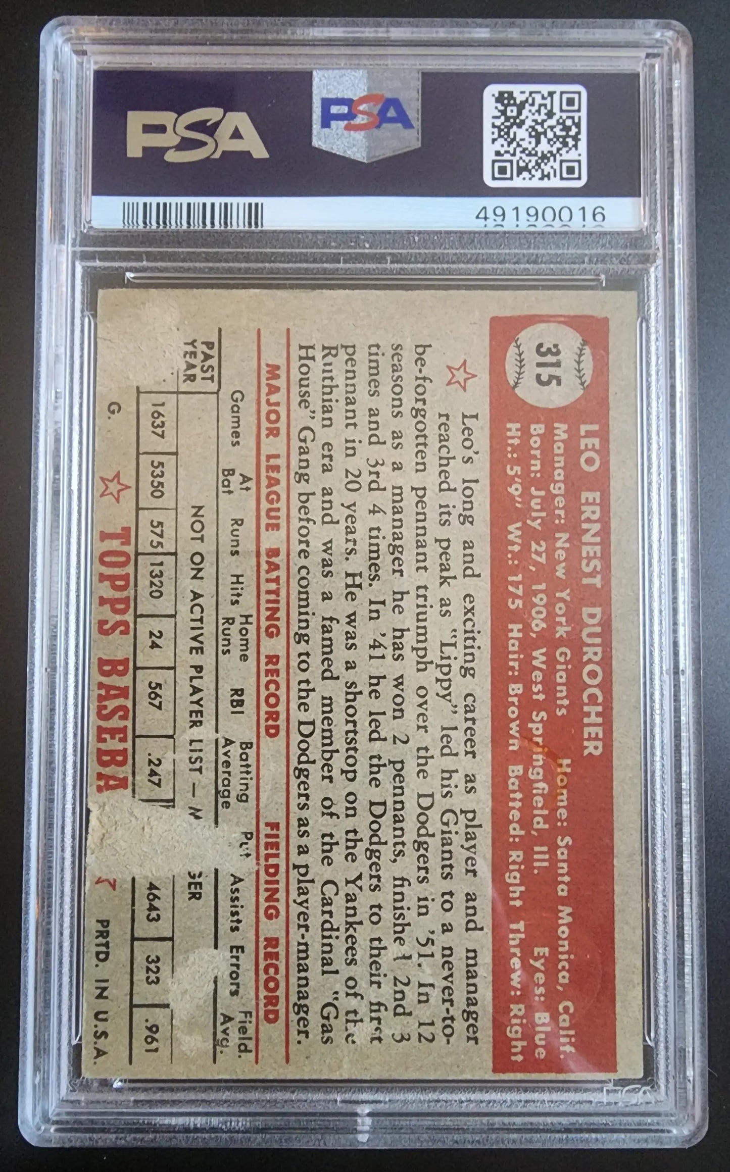 PSA-graded Leo Durocher 1952 Topps #315 baseball card reverse in protective holder
