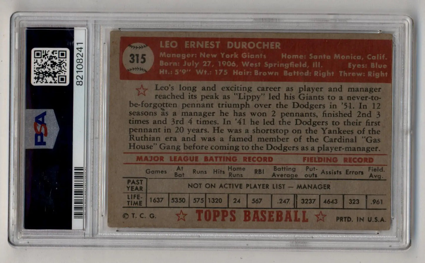 Leo Durocher 1952 Topps #315 PSA 3 Very Good (MC) - Singles