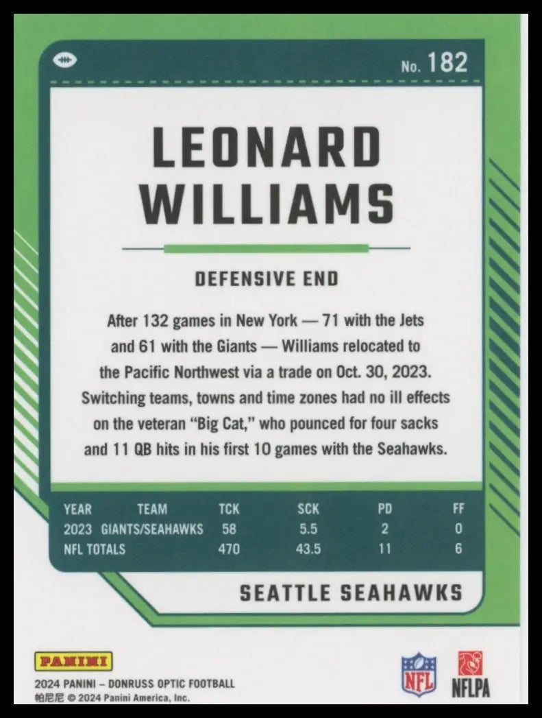 Green and white Leonard Williams Donruss Optic football trading card for Seattle Seahawks