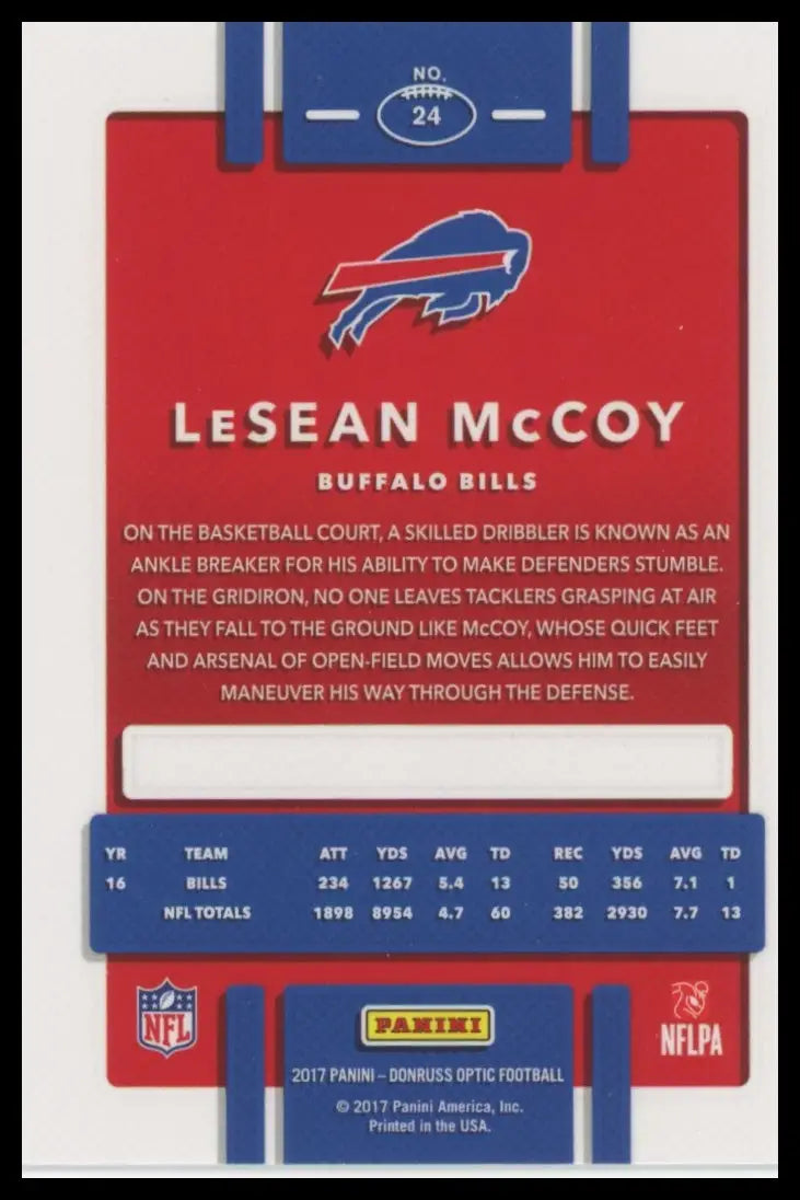 Back of LeSean McCoy 2017 Donruss Optic football trading card featuring Buffalo Bills