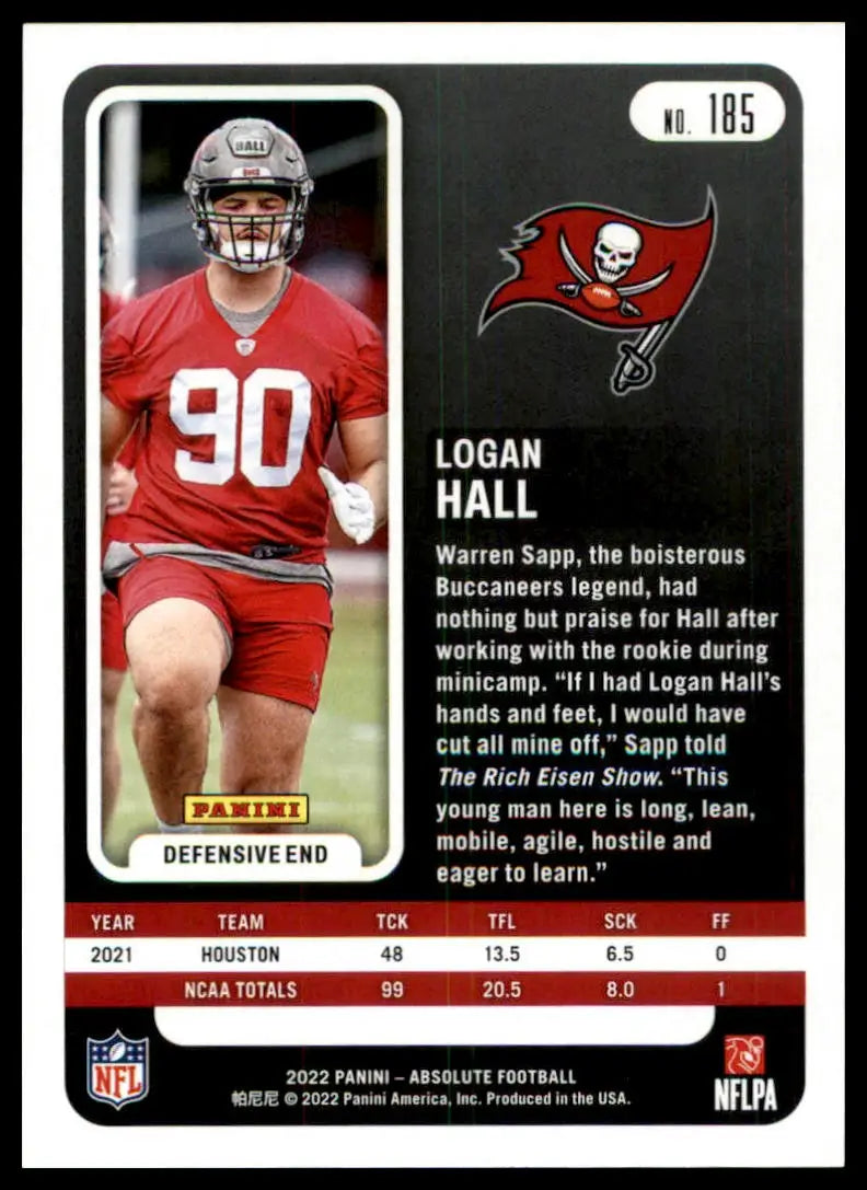Logan Hall football card from Panini Absolute 2022 Rookie series featuring Tampa Bay Buccaneers