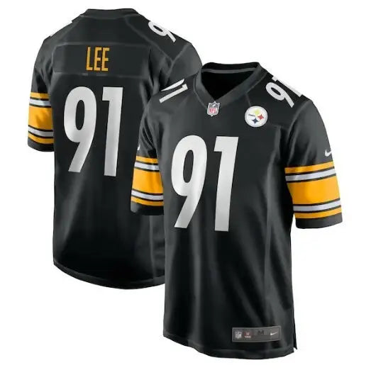 Black Pittsburgh Steelers Nike Game Jersey with Lee 91 in gold and white, yellow and white striped sleeves