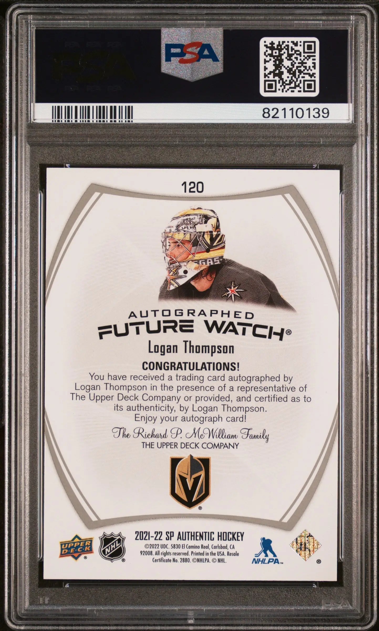 Back of Logan Thompson 2021 SP Authentic Auto PSA 10 Gem Mint hockey card with logo