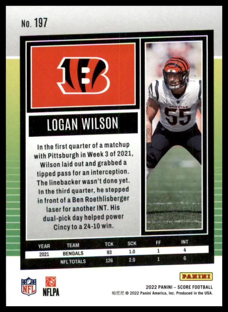 Logan Wilson football card from 2022 Score series featuring Cincinnati Bengals player