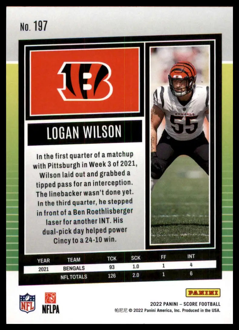 Logan Wilson football card from 2022 Score Gold series featuring Cincinnati Bengals player