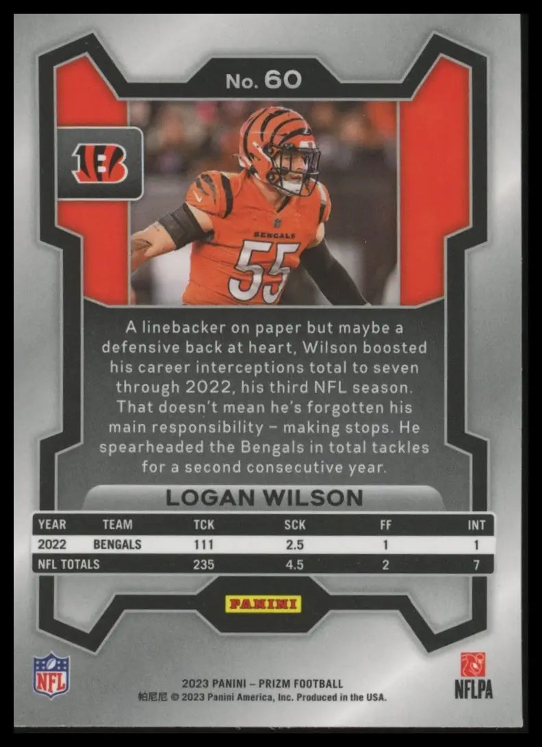 Back of Logan Wilson 2023 Panini Prizm trading card featuring Cincinnati Bengals player