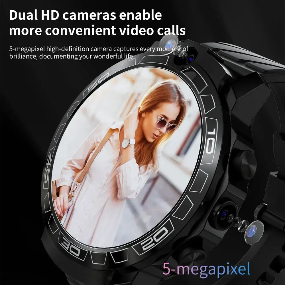 Black LOKMAT Android 8.1 4G LTE 3 Pro smartwatch with dual HD cameras, perfect for video calls and capturing moments, width 750px height