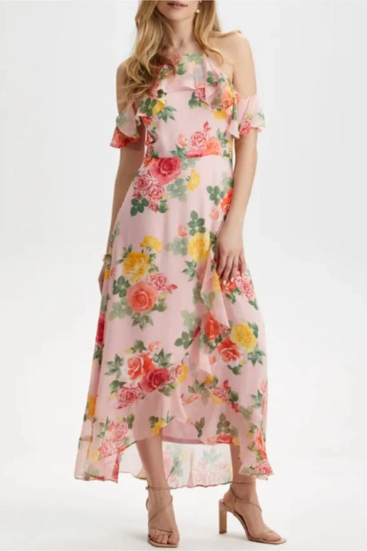Light pink floral cold-shoulder maxi dress with ruffles from London Times summer collection