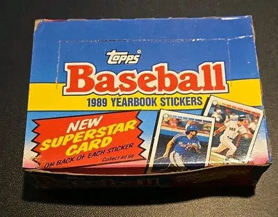 Vintage Topps 1989 Baseball Yearbook Stickers box with New Superstar Card inserts