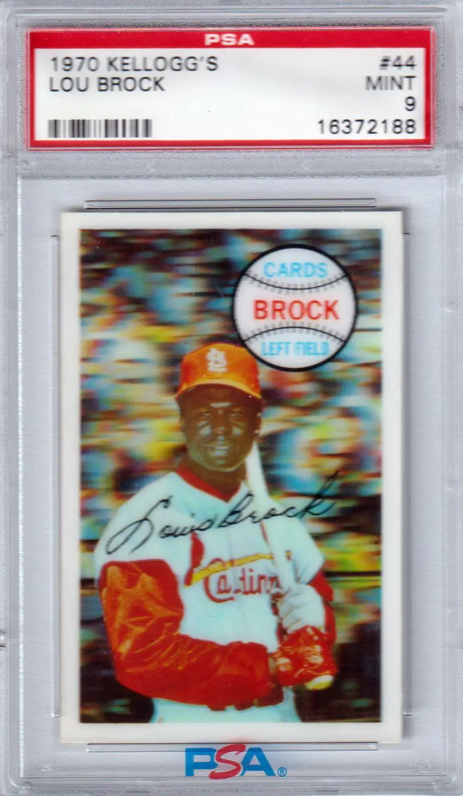 Graded Lou Brock baseball card from Columbia Hobby featuring 1970 Kellogg’s #44 PSA 9 Mint