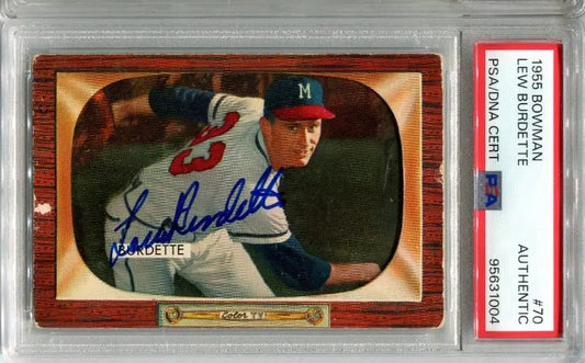 Lou Lew Burdette Signed 1955 Bowman #70 PSA DNA Authentic AUTO Milwaukee Braves