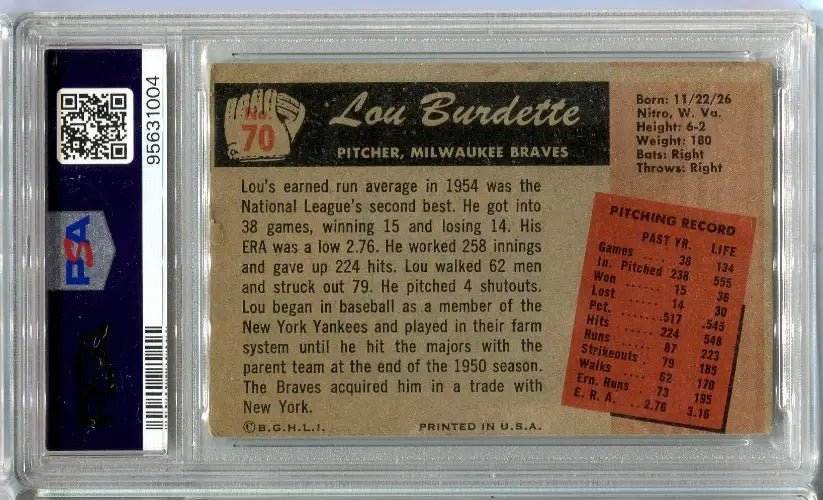 Lou Lew Burdette Signed 1955 Bowman #70 PSA DNA Authentic AUTO Milwaukee Braves