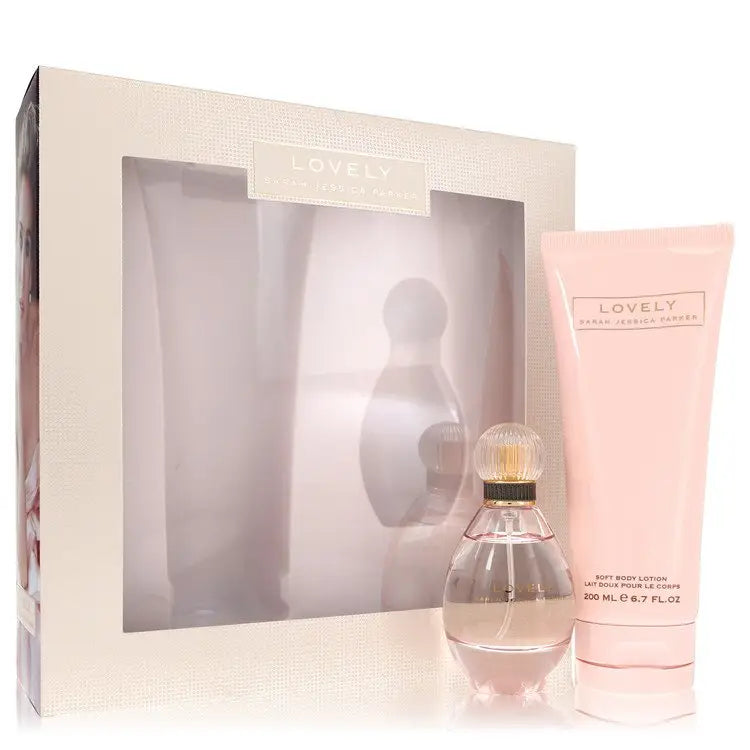 Pink perfume gift set with lotion and fragrance bottle featuring Sarah Jessica Parker style