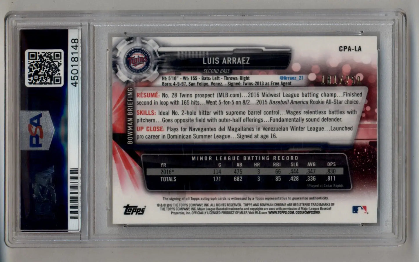 Luis Arraez Bowman Chrome Purple Refractor rookie autograph baseball card 181/250 PSA 10
