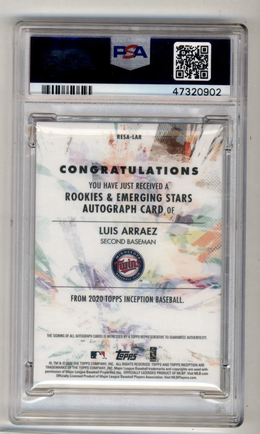 PSA-graded Luis Arraez 2020 Topps Inception Rookie Stars Auto back with authentication details