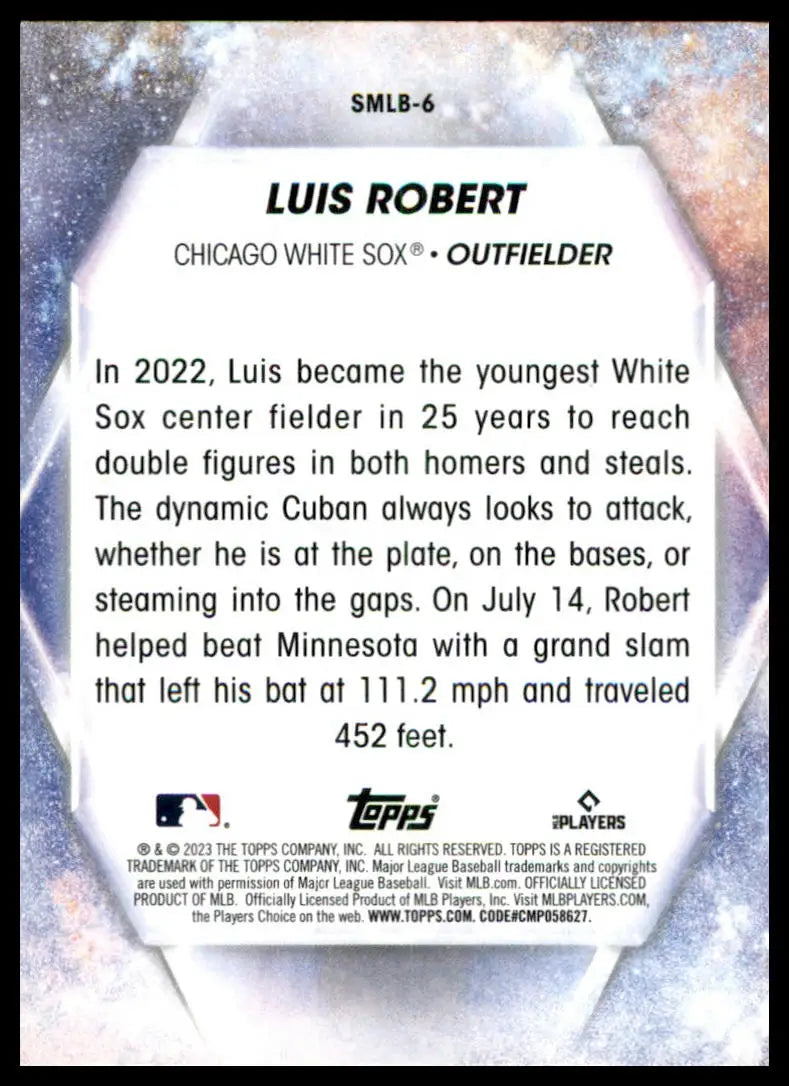Luis Robert baseball card back from 2023 Topps Stars of MLB product