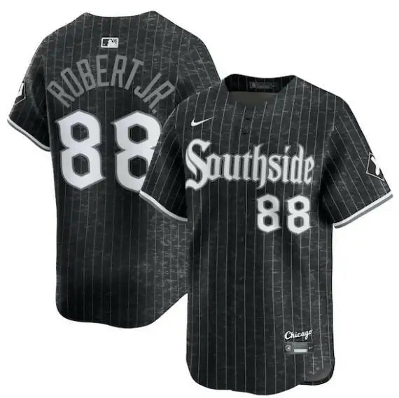 Black and white pinstripe Chicago White Sox Nike City Connect limited jersey for Luis Robert Jr