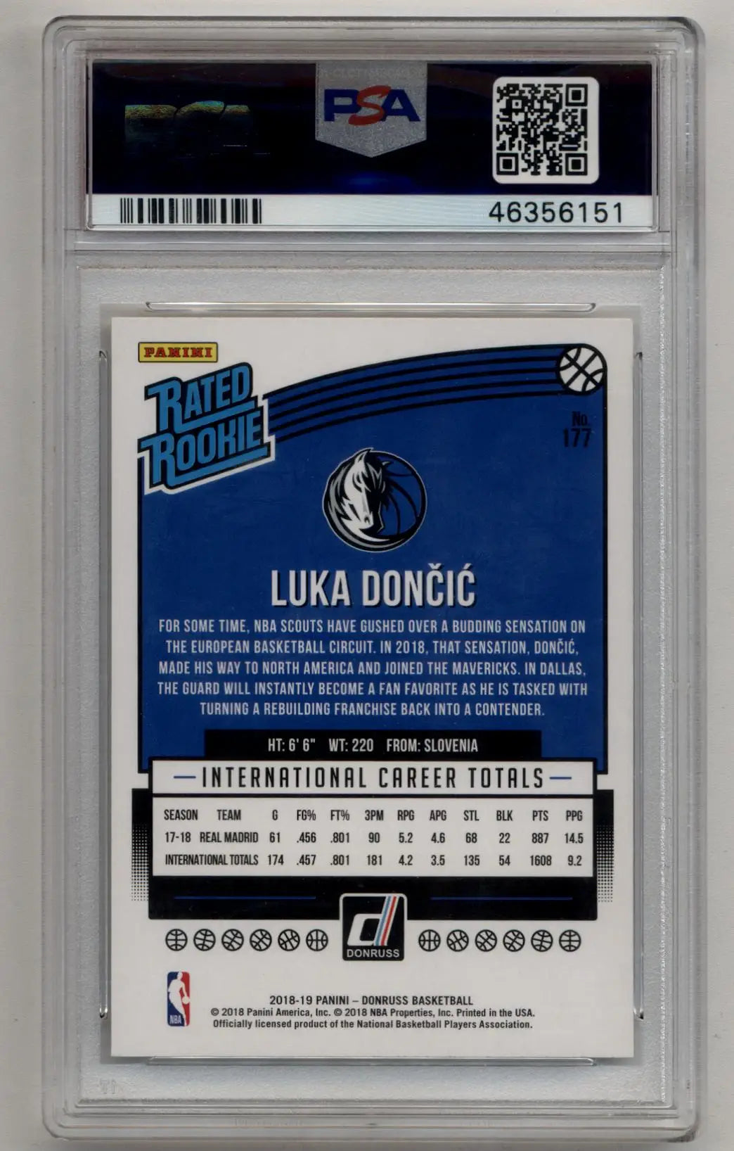 Luka Doncic Donruss Rookie basketball card PSA 10 Gem Mint from 2018-19 Donruss