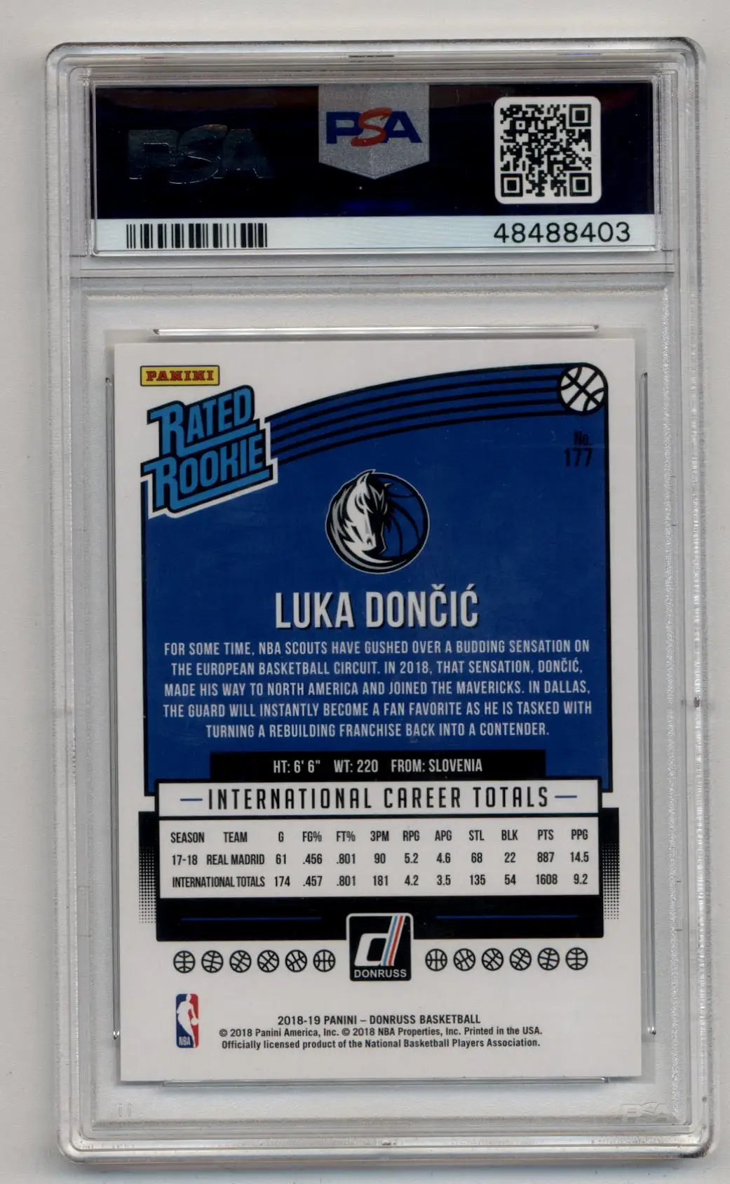Luka Doncic 2018-19 Donruss Rookie trading card PSA 10 Gem Mint display