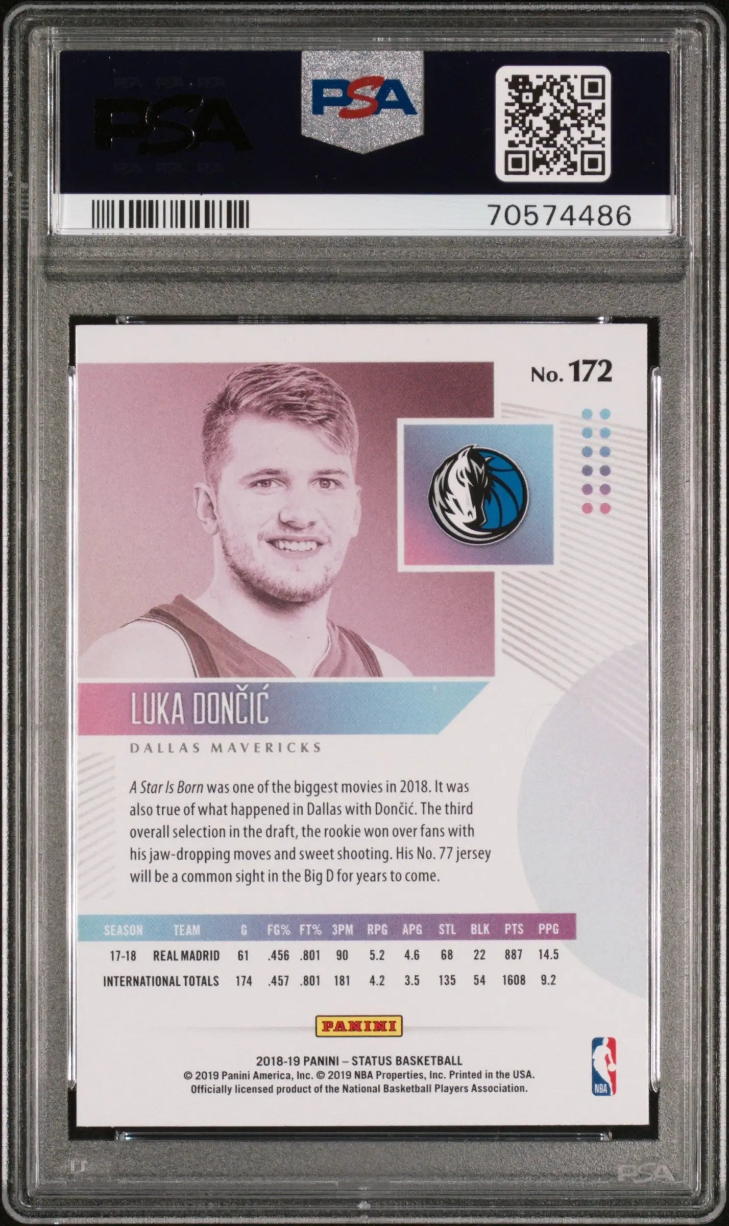 Luke Doncic 2018 Panini Status Purple PSA 10 Gem Mint basketball trading card portrait