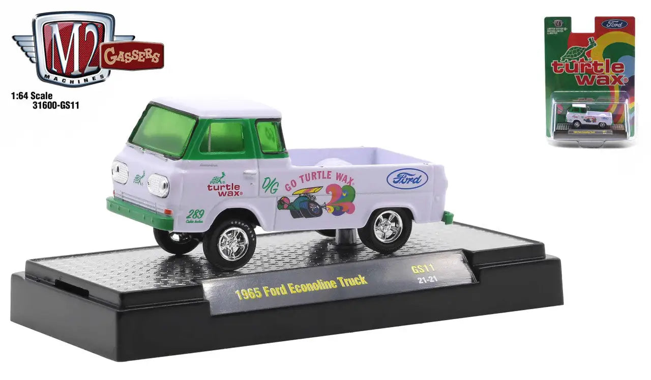 Vintage Ford Econoline Truck model with graphics in M2 Machines Turtle Wax Release