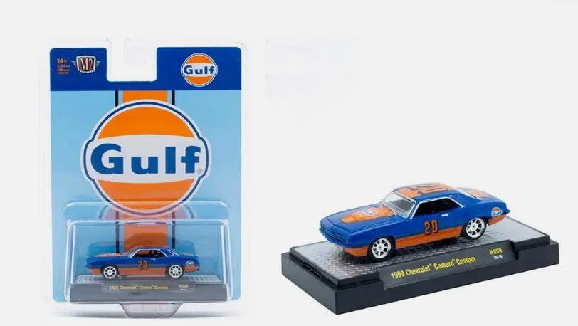 Blue and orange Chevrolet Camaro Custom die-cast model from M2 Machines Camaro Custom Rel HS59