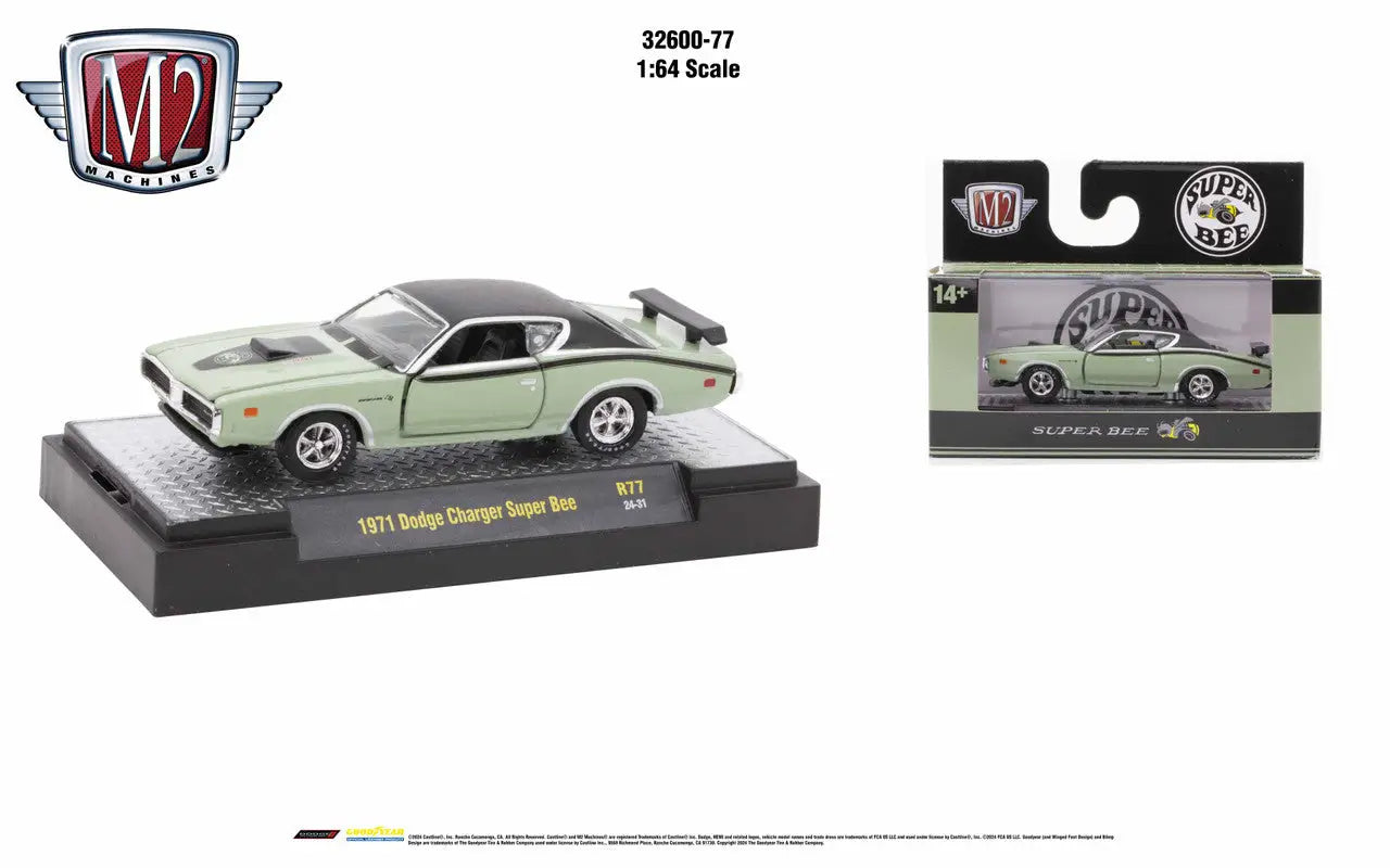 Mint green 1971 Dodge Charger Super Bee die-cast model from M2 Machines Auto Authentic