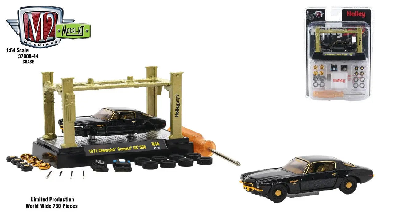 Black and gold model car lift set showcasing M2 Machines 1:64 Model Kit Release 44 Camaro SS 396