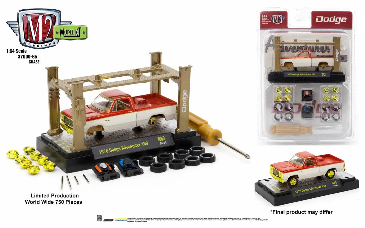 Model kit release showcasing a red Dodge vehicle with accessories on display stand