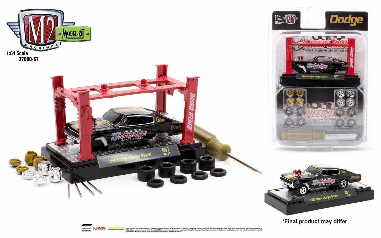 Model Kit Release featuring a black Dodge Charger Gasser with tools and wheels