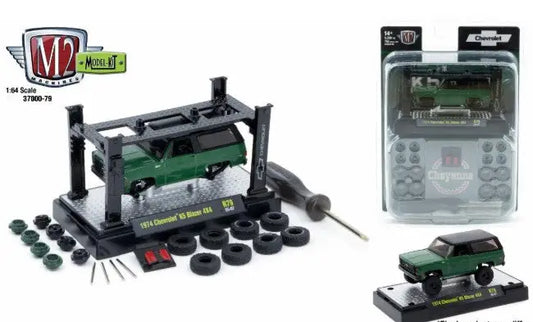 Green 1970s Chevrolet K10 Stepside 4x4 model kit with interchangeable parts and display lift