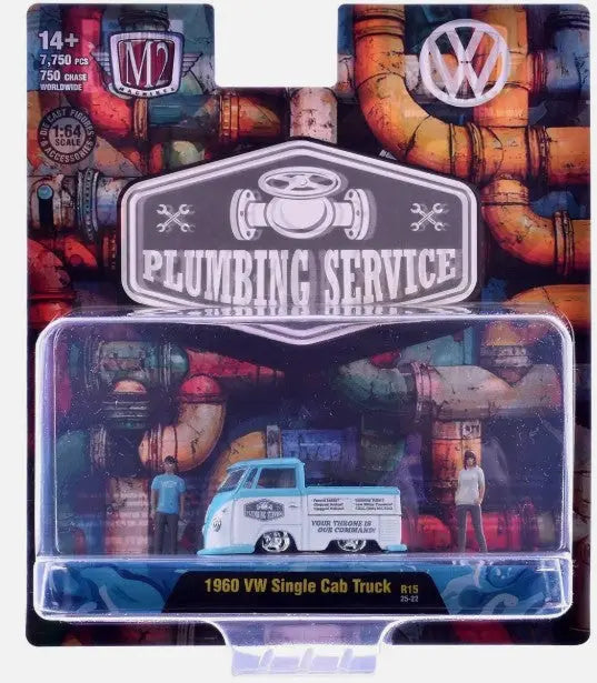 Collectible die-cast 1960 VW Single Cab Truck with miniature figures, perfect cab truck plumbing