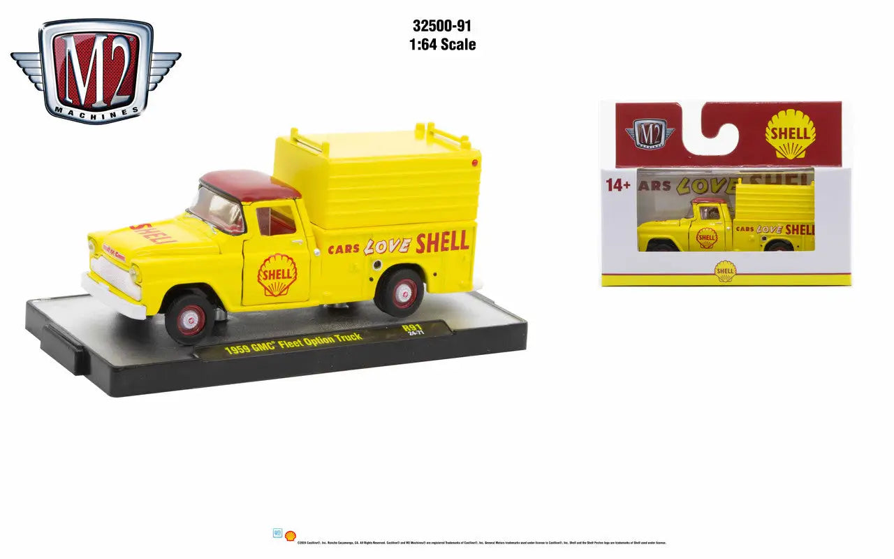 Yellow Shell Oil delivery truck with red trim in M2 Machines Auto Authentic 1:64 scale