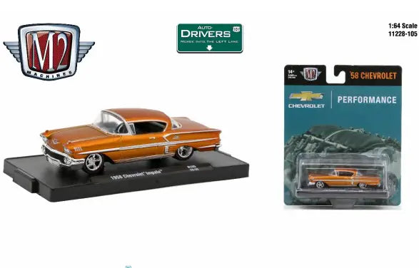 Classic orange 1958 Chevrolet Impala model car from M2 Machines Auto collection