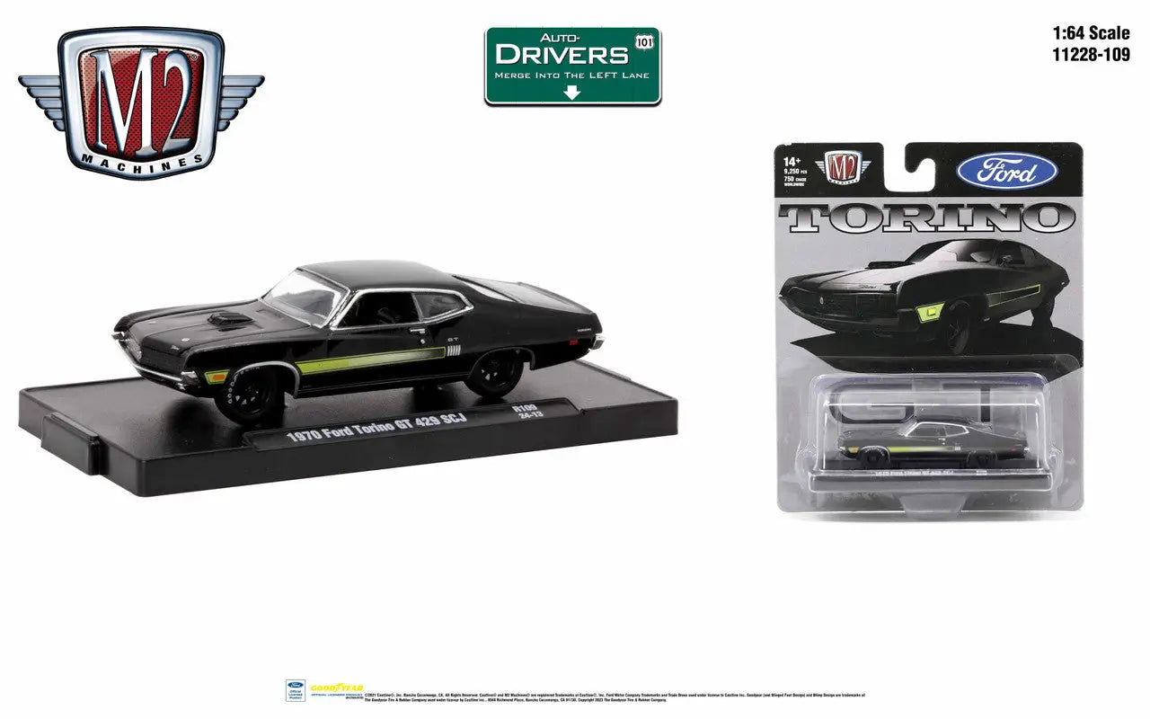 Black 1970 Ford Torino GT429 SCJ die-cast model car in loose and packaged forms